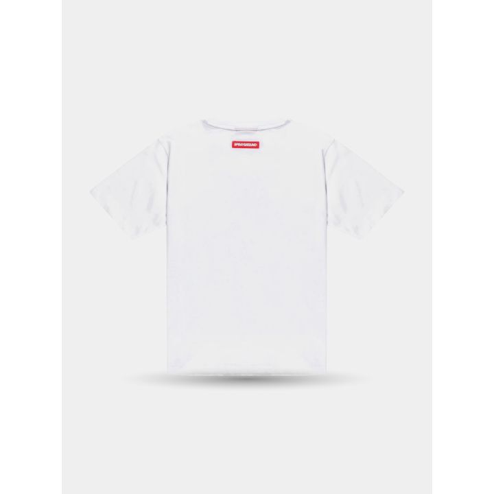Retro della t-shirt bianca con etichetta rossa Sprayground sotto il collo