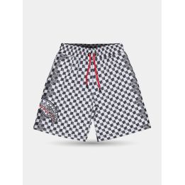 Pantaloncini Sprayground a scacchi bianchi e neri vista frontale con squalo