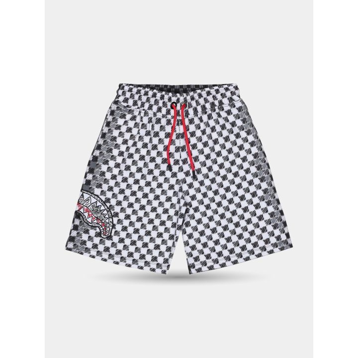 Pantaloncini Sprayground a scacchi bianchi e neri vista frontale con squalo