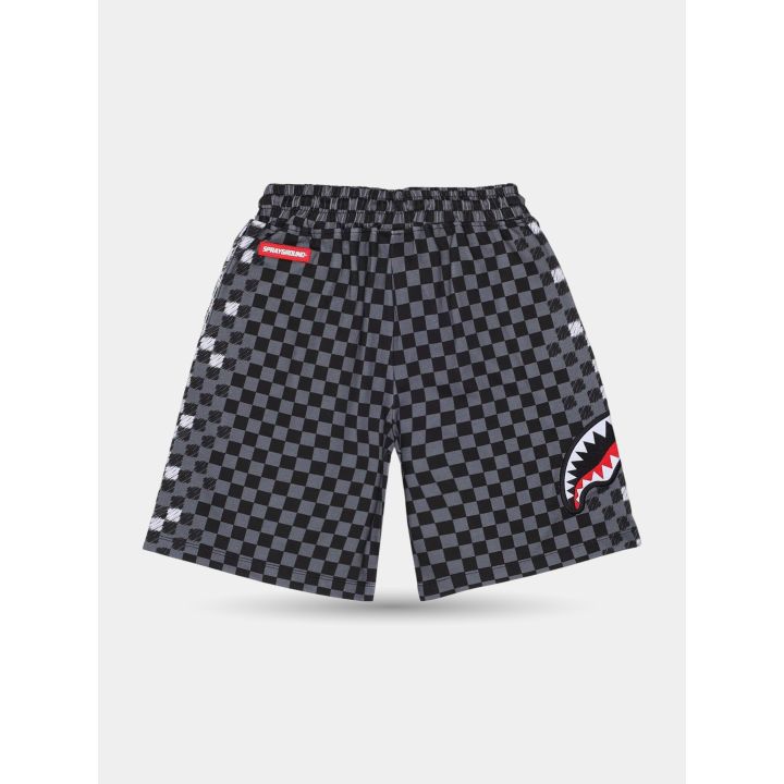 Retro dei pantaloncini a scacchi grigio scuro con etichetta rossa