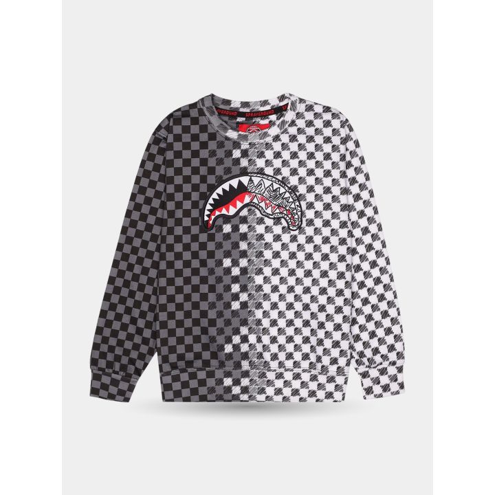 Maglia Sprayground a scacchi grigi sfumati vista frontale con bocca di squalo