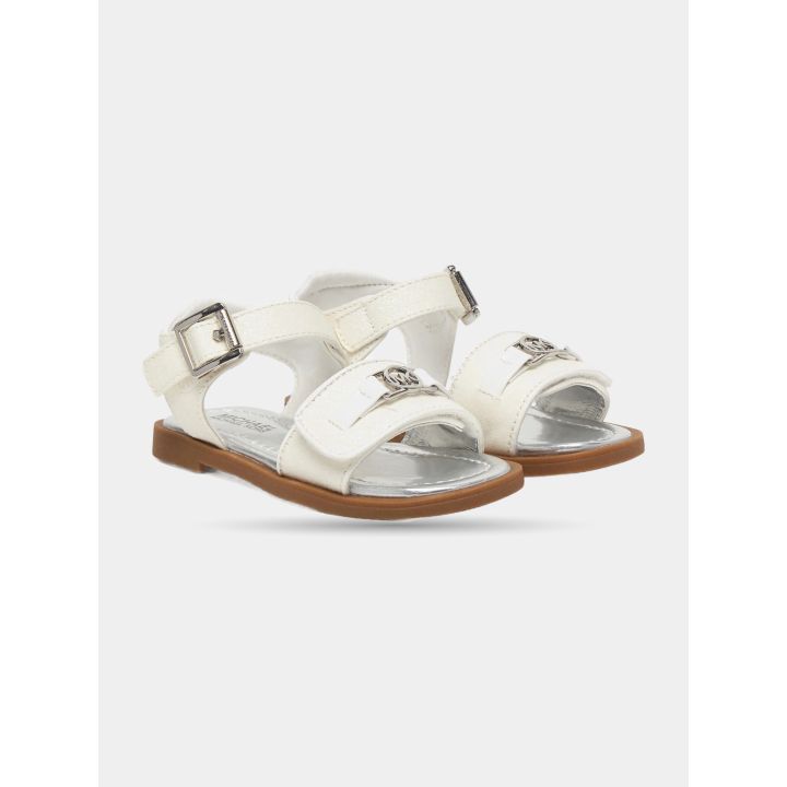 Sandali Michael Kors bianchi glitter vista di tre quarti con suola marrone
