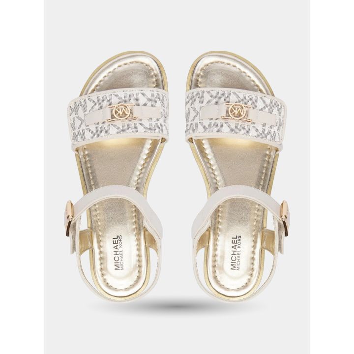 Sandali beige visti dall'alto con logo MK dorato e plantare oro
