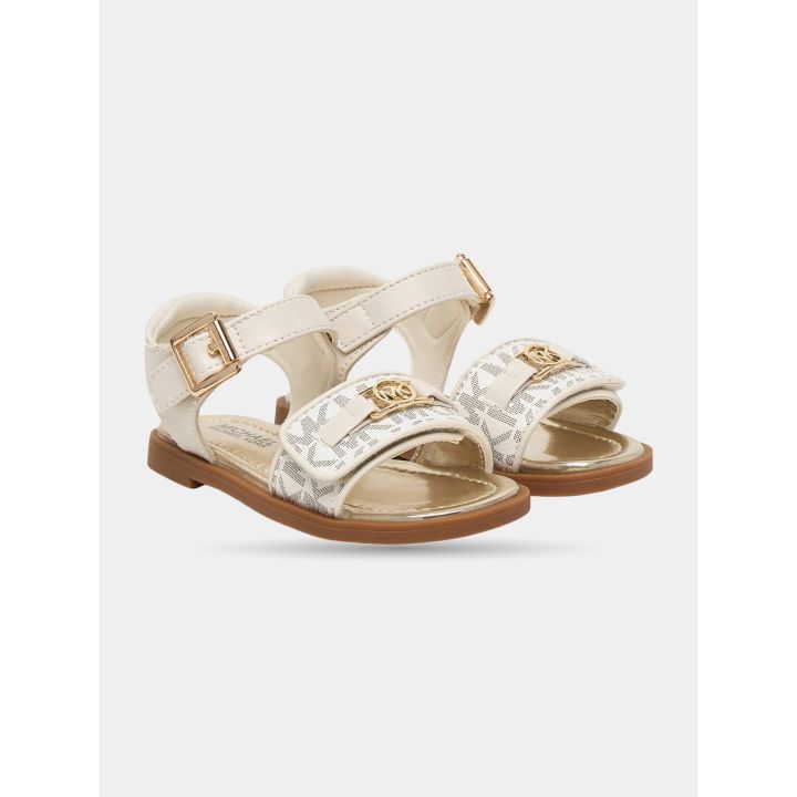 Sandali Michael Kors beige vista di tre quarti con monogramma MK
