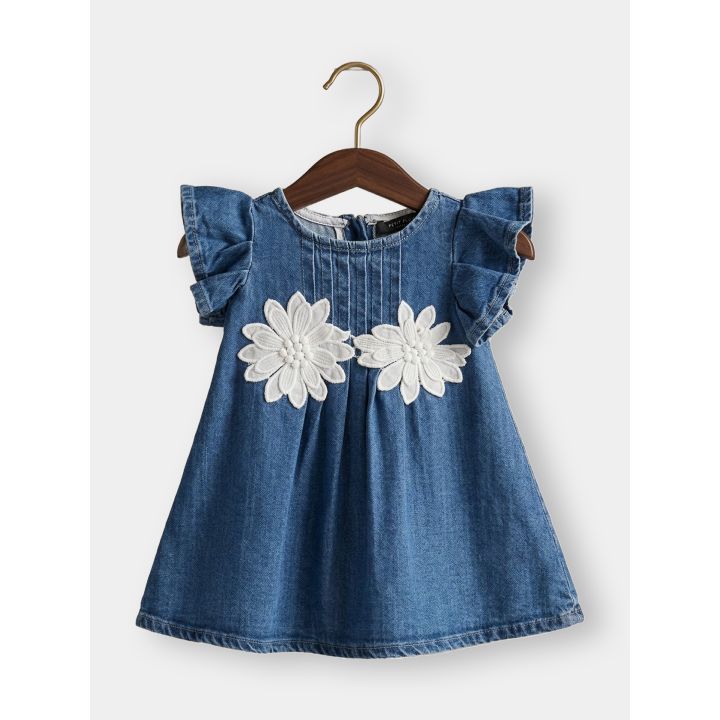 Abitino di jeans FUN&FUN da neonata vista frontale con fiori bianchi