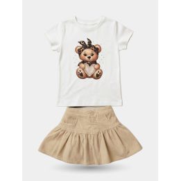 Completo FUN&FUN con t-shirt bianca con orsetto e gonna color sabbia