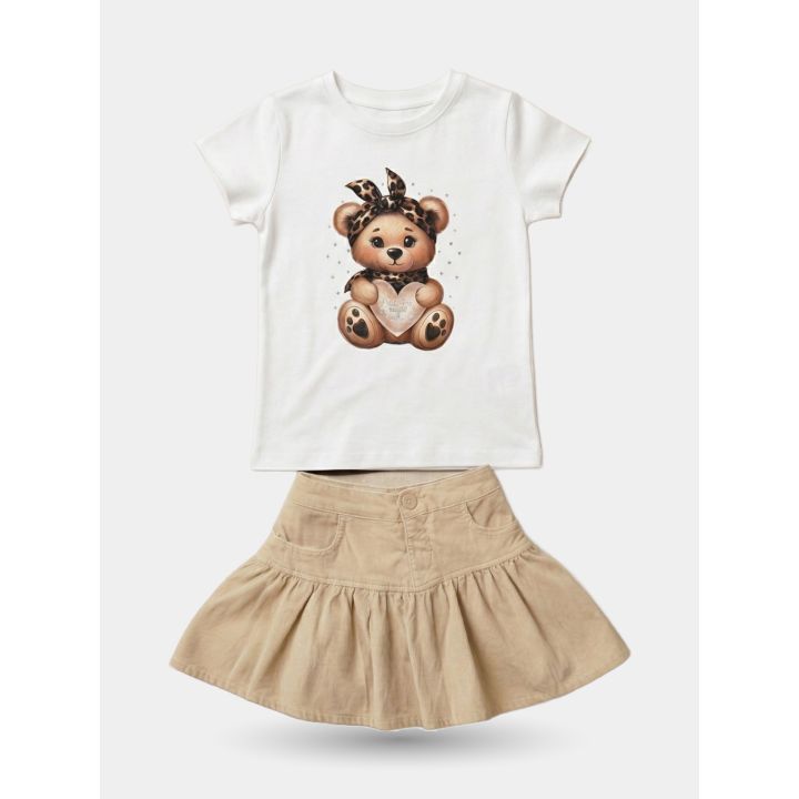 Completo FUN&FUN con t-shirt bianca con orsetto e gonna color sabbia