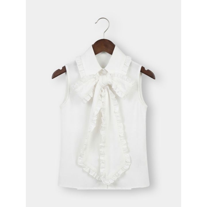 Camicia bianca smanicata con colletto e maxi fiocco a volant
