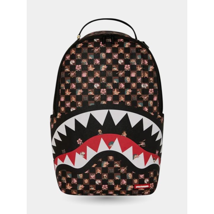 Zaino Sprayground Peeking Characters vista frontale con bocca di squalo rossa