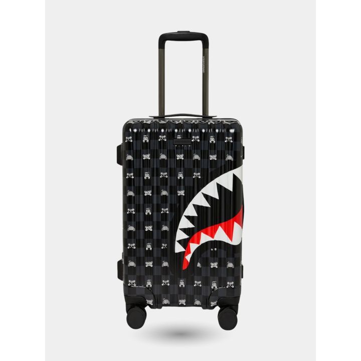 Trolley Sprayground nero a scacchi grigi vista frontale con bocca di squalo