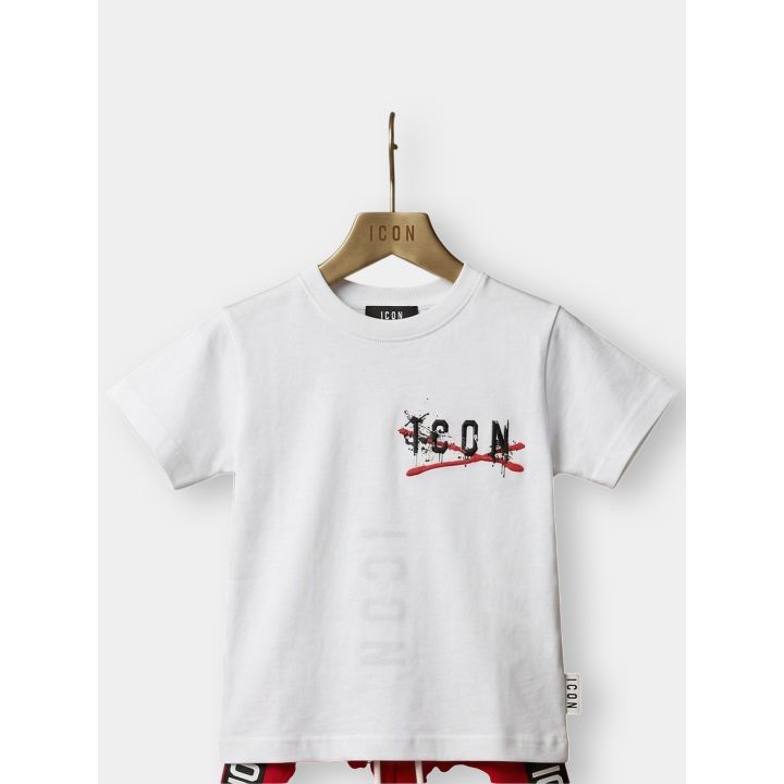 T-shirt ICON bianca con logo spray nero e rosso sul petto