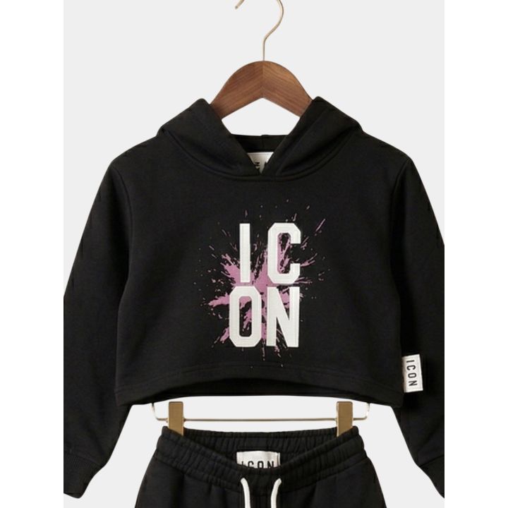 Felpa crop con cappuccio ICON nera con logo e schizzi rosa