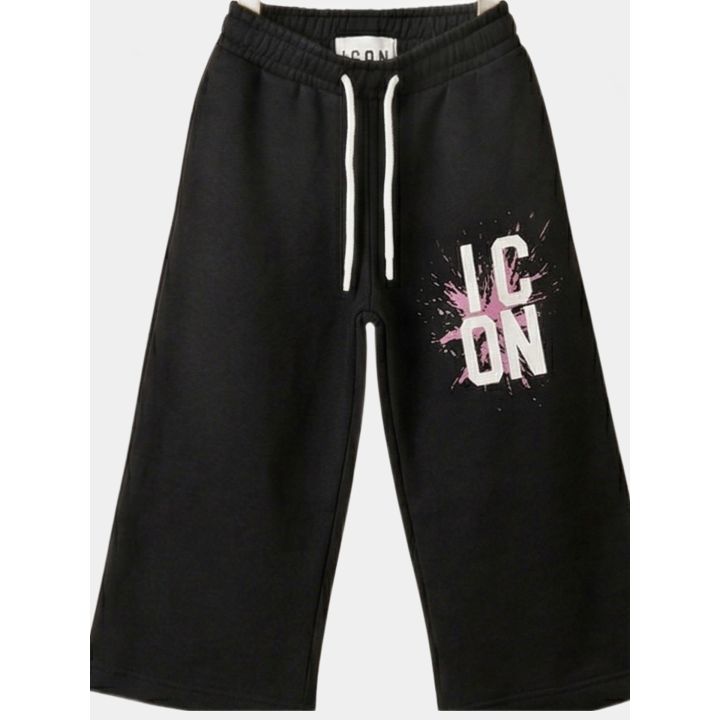 Pantalone ICON nero a gamba larga con coulisse e logo a schizzi rosa