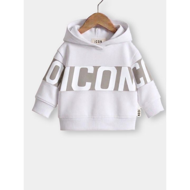 Felpa con cappuccio ICON bianca con fascia grigia e maxi logo