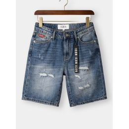 Bermuda jeans ICON da ragazzo vista frontale con strappi e nastro logato