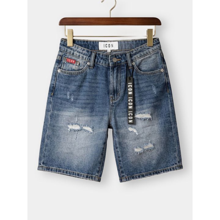 Bermuda jeans ICON da ragazzo vista frontale con strappi e nastro logato