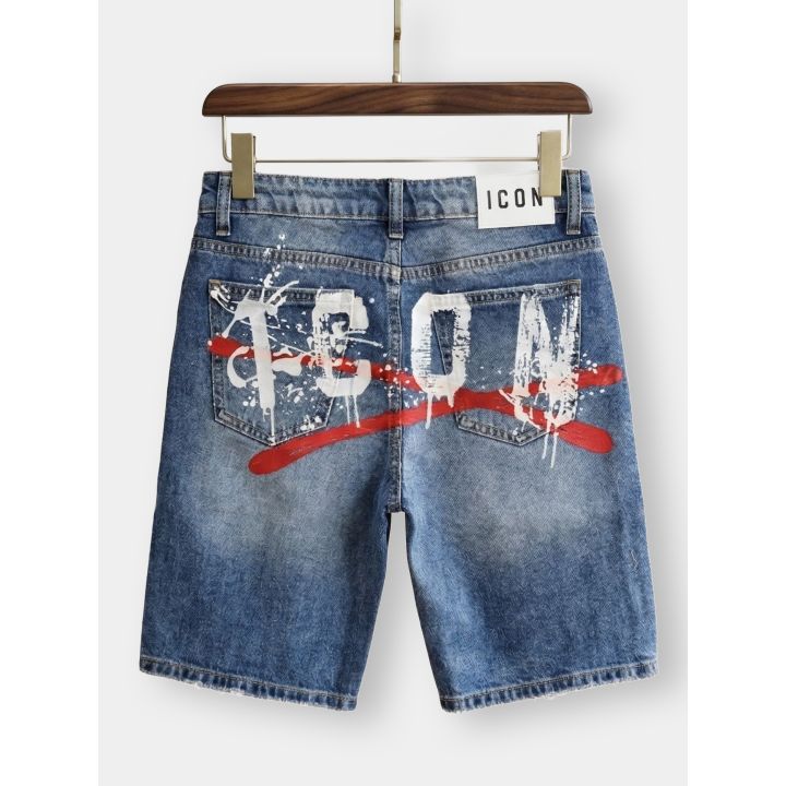 Retro del bermuda jeans ICON con logo graffiti bianco e tratto rosso