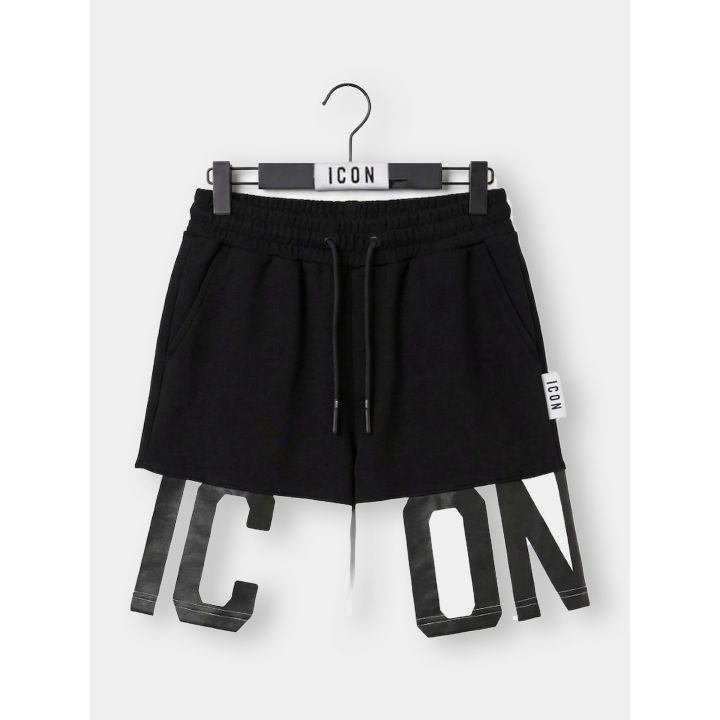 Pantaloncini ICON neri vista frontale con fondo bianco e maxi logo
