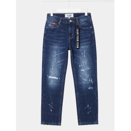 Jeans ICON blu scuro da ragazzo vista frontale con strappi e nastro logato