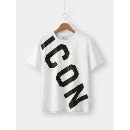 T-shirt ICON bianca da ragazzo vista frontale con maxi logo nero in diagonale