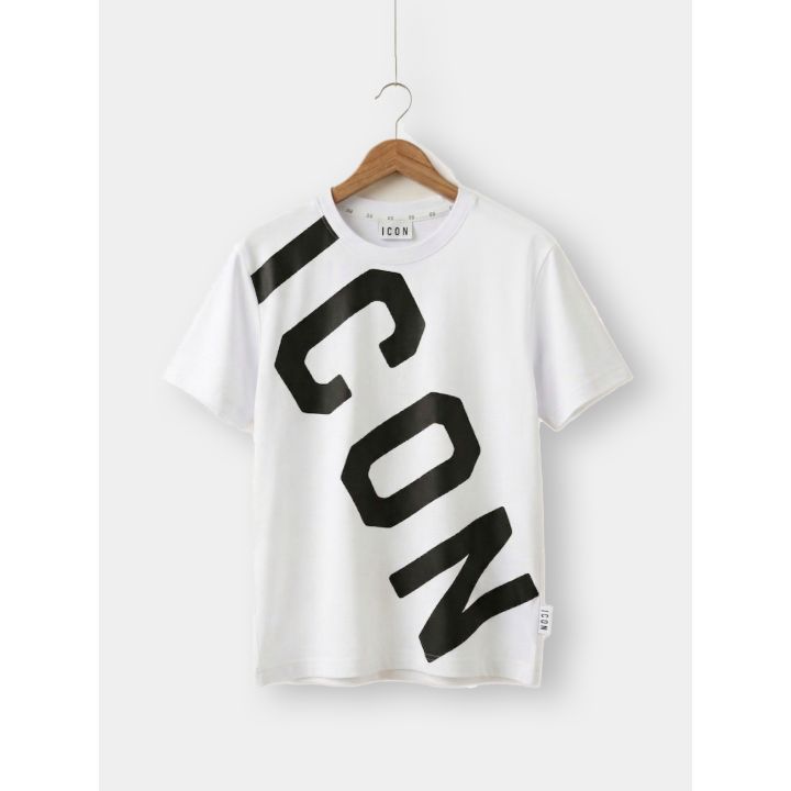 T-shirt ICON bianca da ragazzo vista frontale con maxi logo nero in diagonale