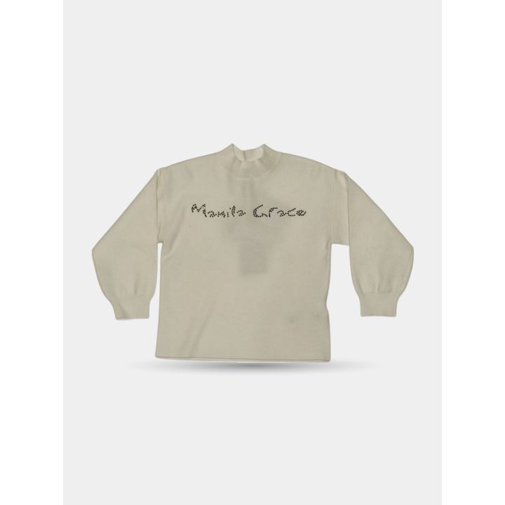 Maglia Manila Grace bianca con scritta in brillantini neri, vista frontale