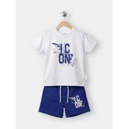 Completo ICON da bambino con t-shirt bianca e short blu royal vista frontale