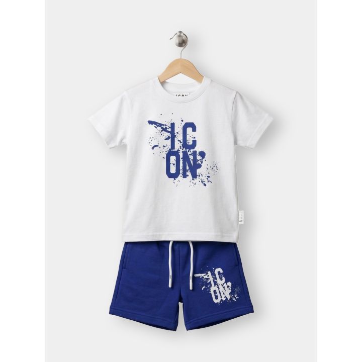 Completo ICON da bambino con t-shirt bianca e short blu royal vista frontale