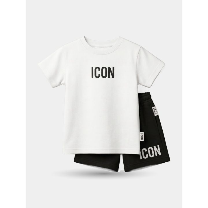 Completo ICON da bambino con t-shirt bianca e short neri vista frontale