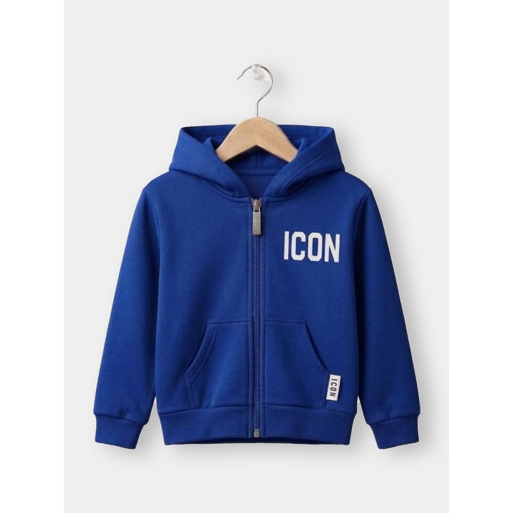 Felpa ICON blu cobalto da bambino con zip e cappuccio vista frontale
