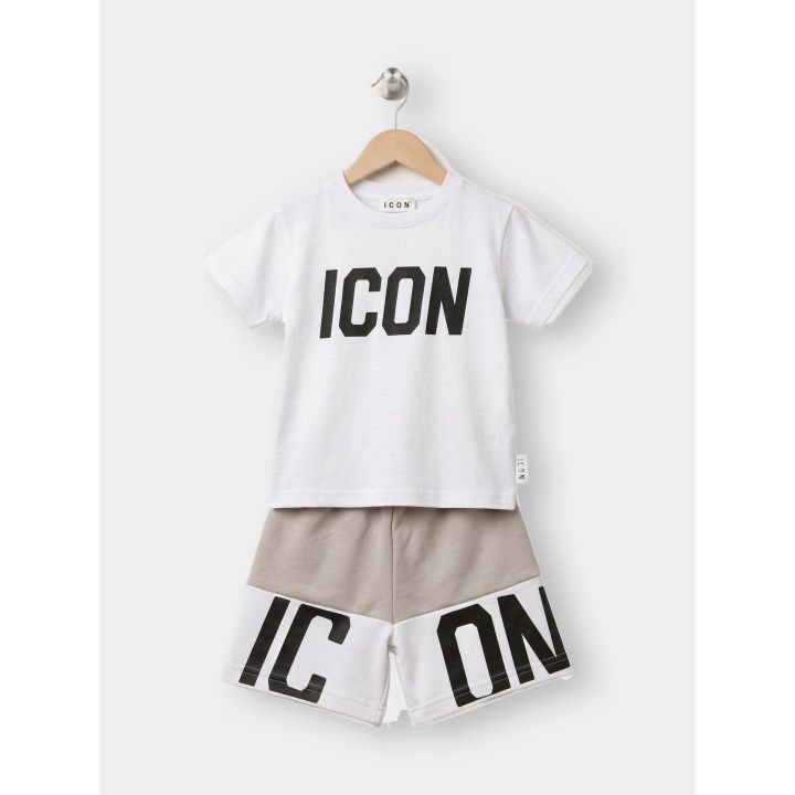 Completo ICON da bambino con t-shirt bianca e short bicolore vista frontale