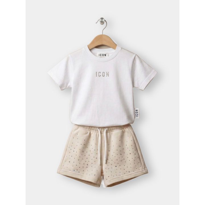 Completo ICON da bambina con t-shirt bianca e short crema vista frontale