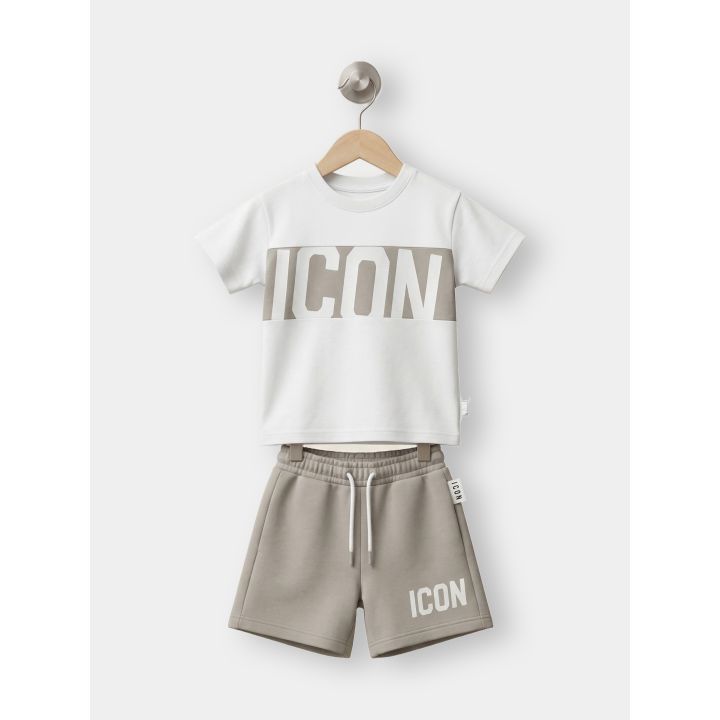 Completo ICON da bambino con t-shirt a fascia logata e short fango