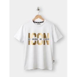 T-shirt ICON bianca da ragazzo vista frontale con logo dorato