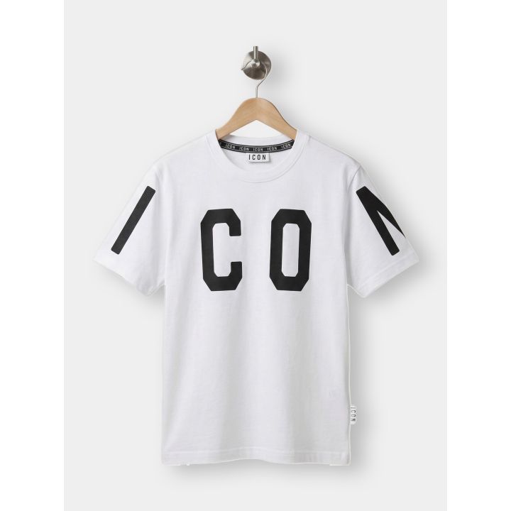 T-shirt ICON bianca da ragazzo vista frontale con logo diviso fra petto e maniche