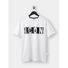 T-shirt ICON bianca da ragazzo vista frontale con logo su riquadro nero
