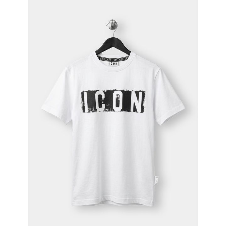 T-shirt ICON bianca da ragazzo vista frontale con logo su riquadro nero