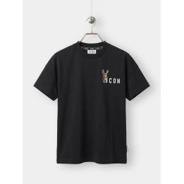 T-shirt ICON nera da ragazzo vista frontale con piccolo coniglio e logo