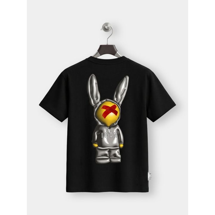 Retro della t-shirt ICON nera con grande coniglio effetto cromato
