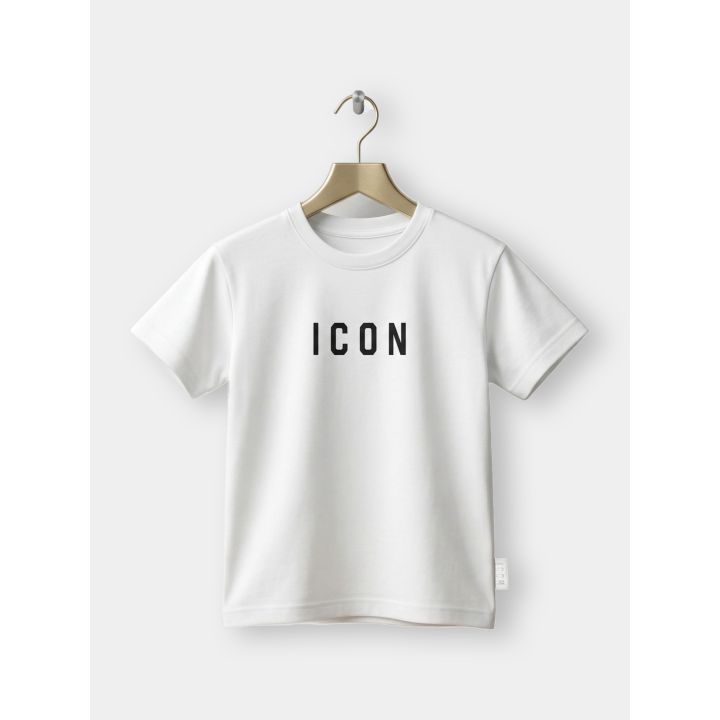 T-shirt ICON bianca da bambino vista frontale con logo nero sul petto
