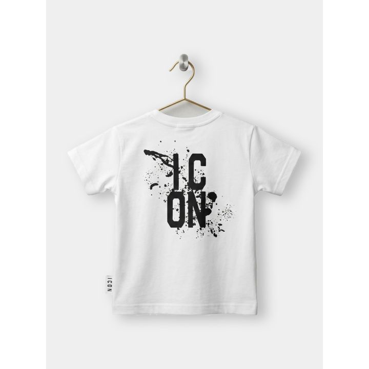 Retro della t-shirt ICON bianca con maxi logo su due righe e schizzi