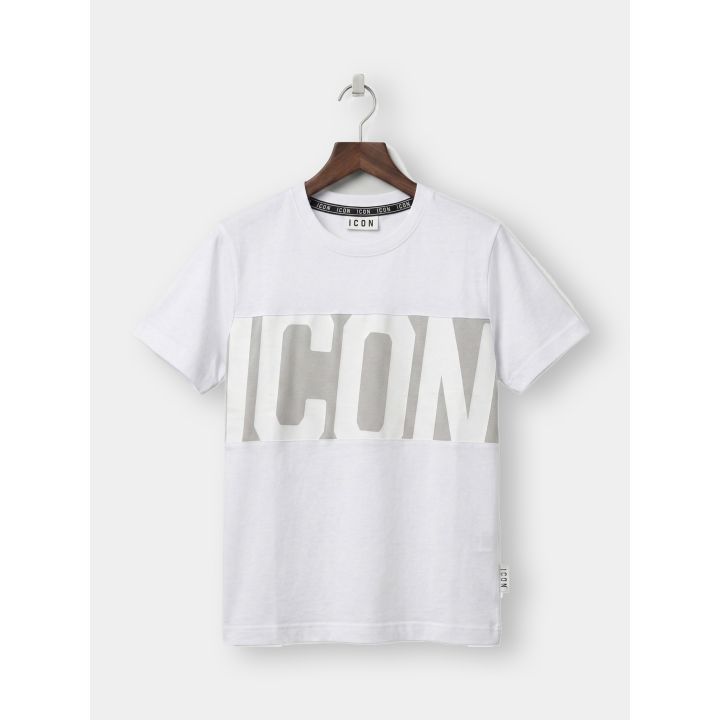 T-shirt ICON bianca da ragazzo vista frontale con fascia grigia e maxi logo