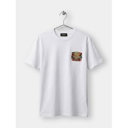 T-shirt Patriot bianca vista frontale con piccola stampa Jazz Vintage sul petto