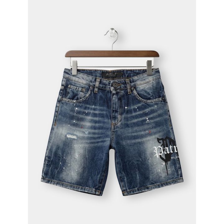 Bermuda jeans Patriot blu vista frontale con scritta gotica Patriot Milano