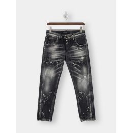 Jeans Patriot grigi su gruccia vista frontale con schizzi di vernice bianca
