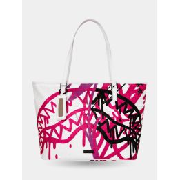 Borsa Sprayground bianca vista frontale con squali graffiti fucsia e neri