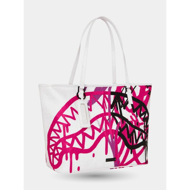Borsa tote bianca Sprayground vista di tre quarti con manici lunghi