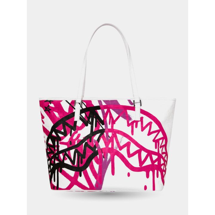 Retro della borsa bianca con bocca di squalo nera e graffiti fucsia