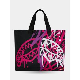Borsa Sprayground nera vista frontale con squali graffiti fucsia e bianchi