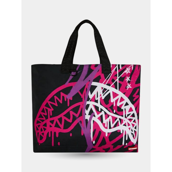 Borsa Sprayground nera vista frontale con squali graffiti fucsia e bianchi